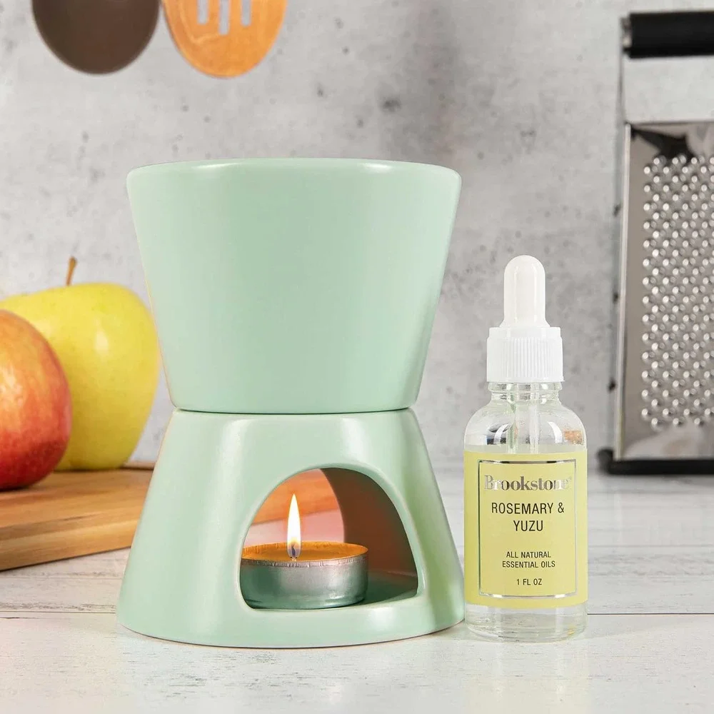 Brookstone Ceramic Oil Warmer Set Sage Grn Rosemary Yuzu Essential Oil 6 Candles